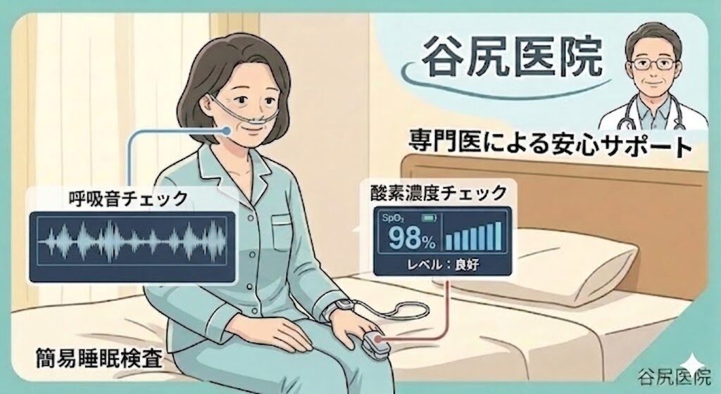 神戸市東灘区の谷尻医院で行う睡眠時無呼吸症候群の簡易睡眠検査の様子。指先センサーと鼻カヌラを使用した検査風景