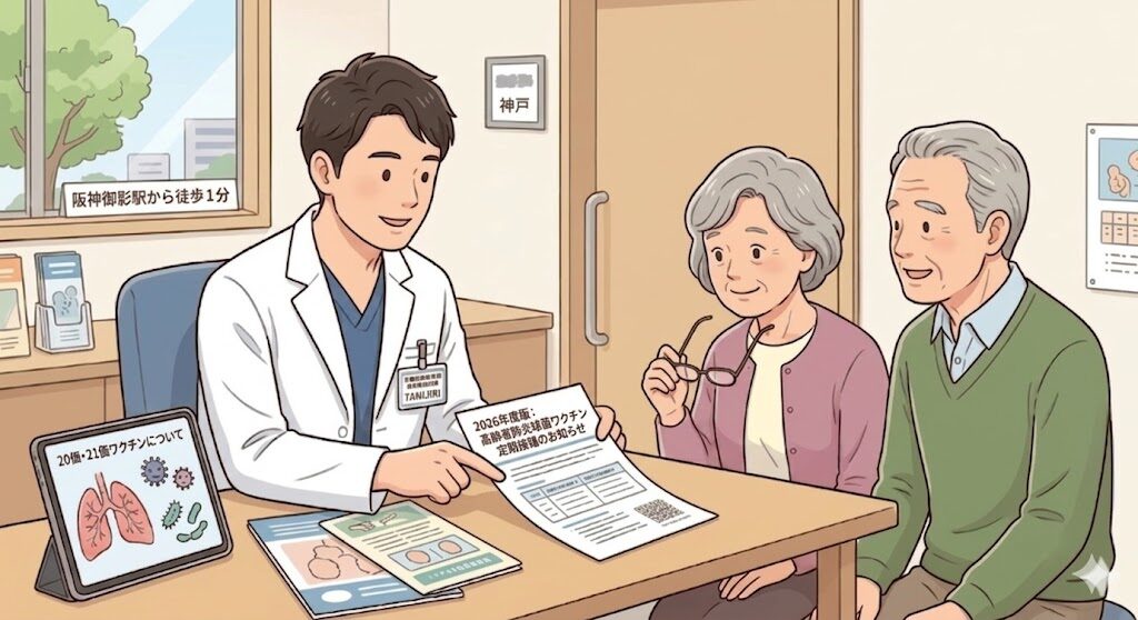 呼吸器専門医の医師がシニアの患者様ご夫婦に、2026年度から新しくなった高齢者の肺炎球菌ワクチン定期接種のお知らせについて、優しく丁寧に説明しているイラスト。