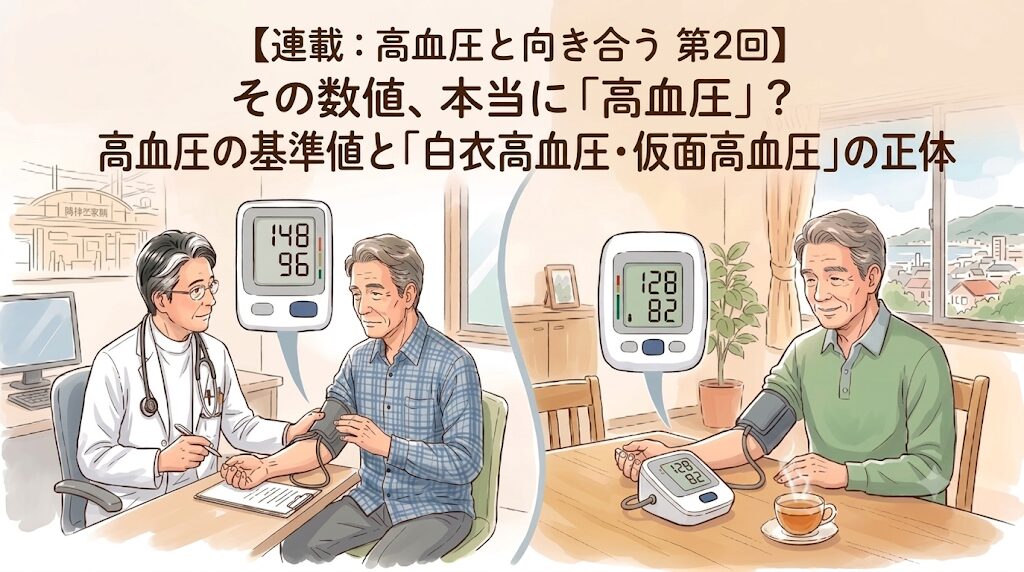 【連載:高血圧と向き合う 第2回】その数値、本当に「高血圧」? 高血圧の基準値と「白衣高血圧・仮面高血圧」の正体。診察室で測定値148/96を示される男性と、自宅でリラックスして測定値128/82を示す男性の対比イラスト