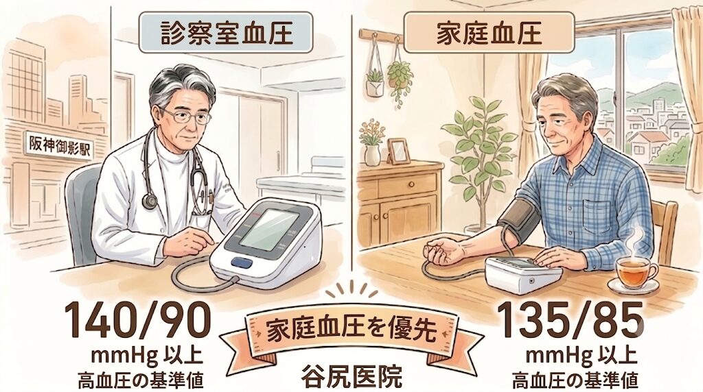 診察室血圧と家庭血圧の基準値の比較。診察室血圧は140/90 mmHg以上、家庭血圧は135/85 mmHg以上が高血圧の基準値と提示し、「家庭血圧を優先(谷尻医院)」と説明するイラスト