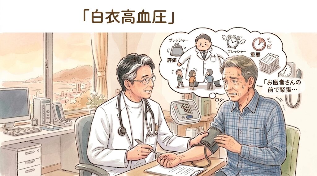 「白衣高血圧」の解説。医師の前で緊張やプレッシャーを感じ、診察室での血圧が160/98 mmHgまで上昇してしまう男性のイラスト