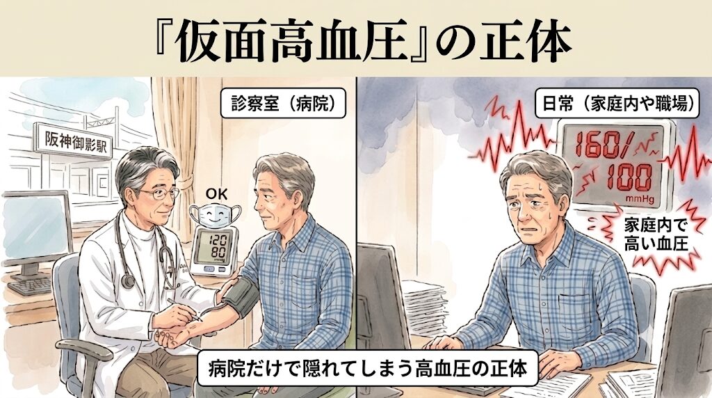 「仮面高血圧」の正体の解説。診察室では120/80 mmHgで正常と診断されるものの、家庭や職場などの日常では160/100 mmHgまで高くなる「病院だけで隠れてしまう高血圧」のイラスト