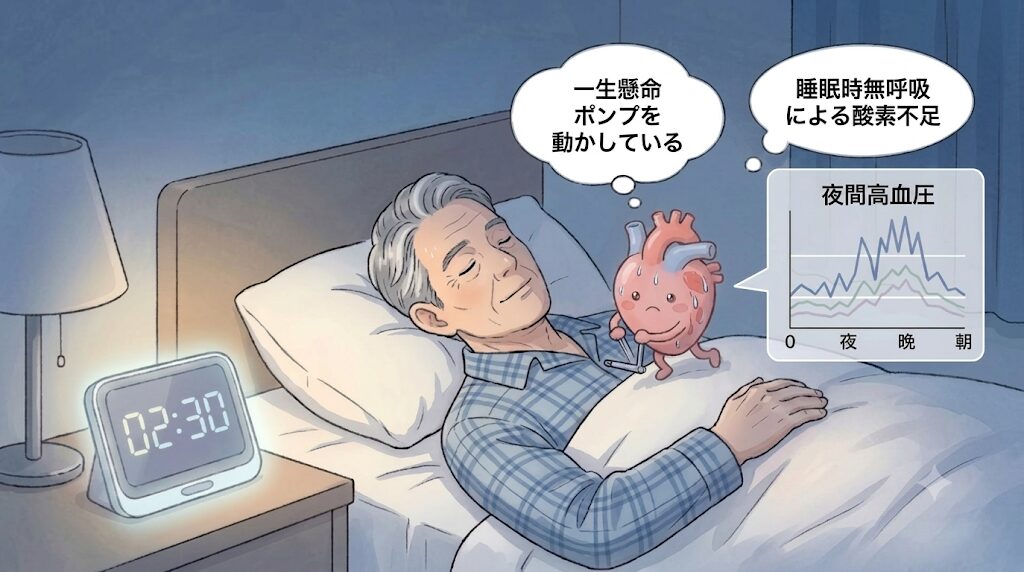 夜間高血圧と睡眠時無呼吸症候群の解説。午前2時30分に就寝中の男性と、「睡眠時無呼吸による酸素不足で一生懸命ポンプを動かしている」汗をかいた心臓のイラストおよび夜間高血圧グラフ