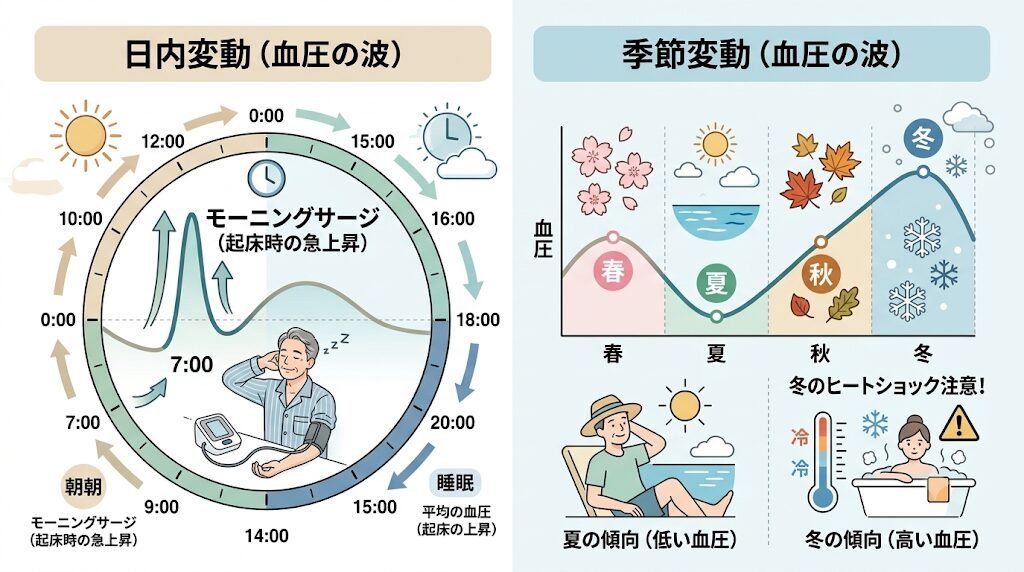 血圧の波(日内変動と季節変動)の解説。左は起床時に血圧が急上昇する「モーニングサージ」の時計型グラフ。右は夏に血圧が下がり冬に上がる季節変動グラフと冬のヒートショック注意のイラスト