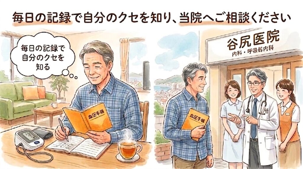 「毎日の記録で自分のクセを知り、当院へご相談ください」の案内。自宅で血圧手帳に記録をつける男性と、血圧手帳を持って谷尻医院(内科・呼吸器内科)の医師やスタッフに相談するイラスト