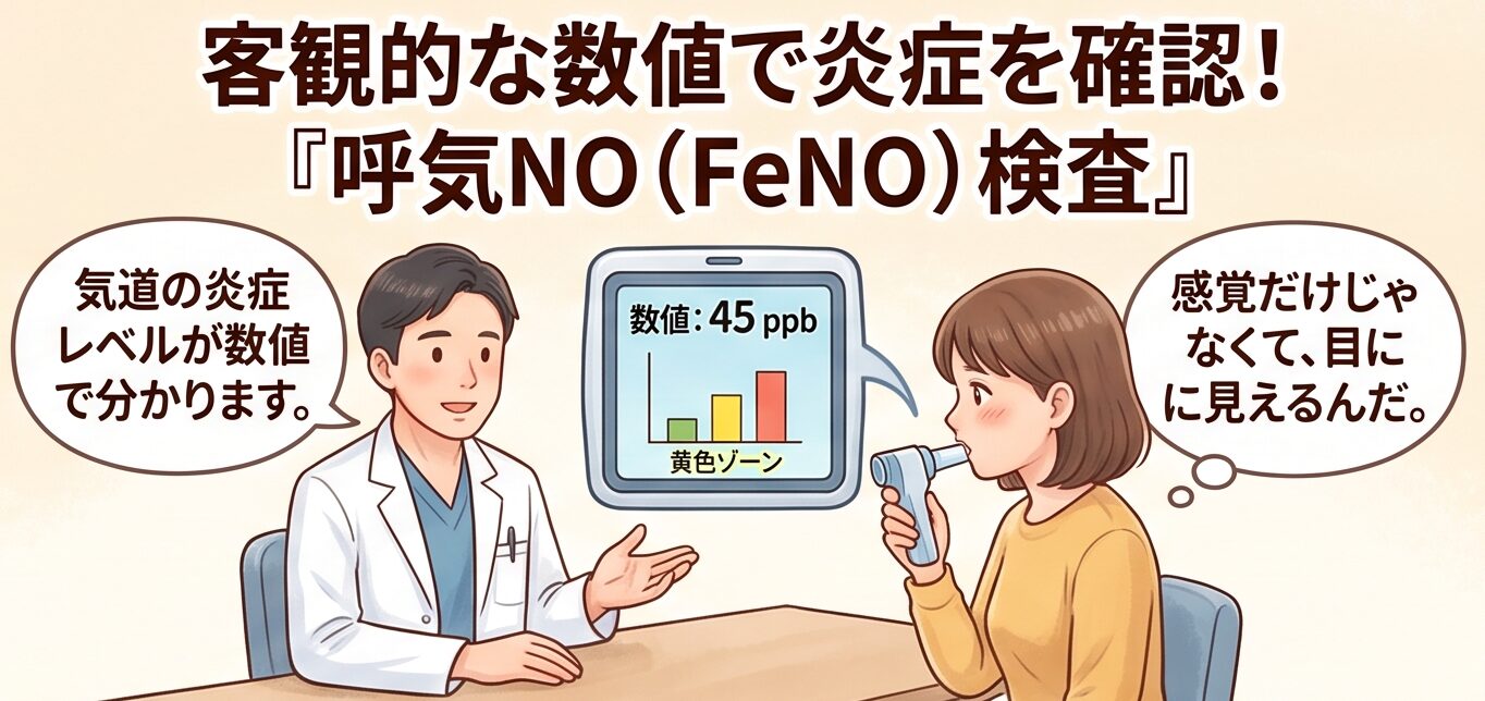 呼気NO（FeNO）検査の様子を表すイラスト