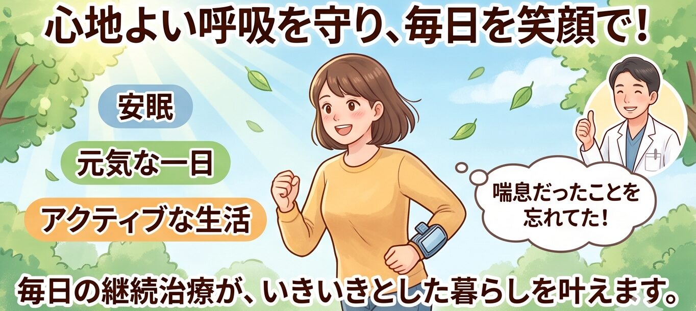 喘息の悩みから解放され生き生きと生活を送る女性のイラスト