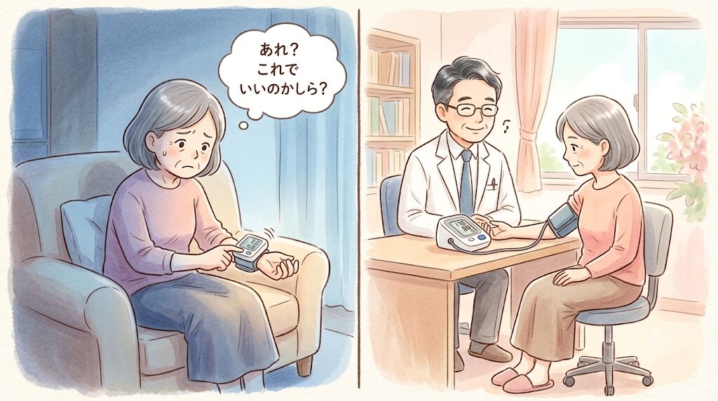 自宅の手首式血圧計で「これでいいのかしら？」と不安そうに測る女性と、診察室で医師に上腕式血圧計で正しく測ってもらっている様子の対比イラスト