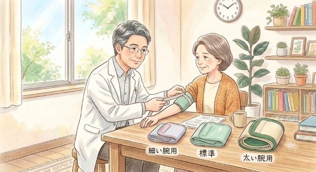 医師がメジャーで患者の二の腕の太さを測っているイラスト。机の上には「細い腕用」「標準」「太い腕用」の3種類の血圧計の帯（カフ）が並べられている