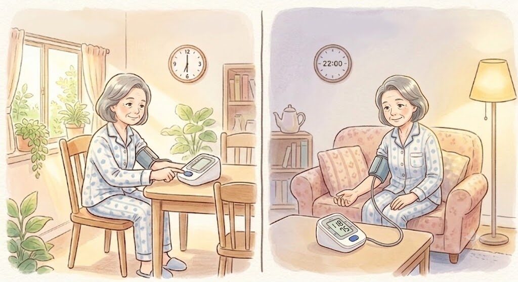 朝（7時）の明るい部屋と、夜（22時）のランプが点灯した落ち着いた部屋の1日2回、背もたれに寄りかかりリラックスした姿勢で血圧を測定する女性のイラスト