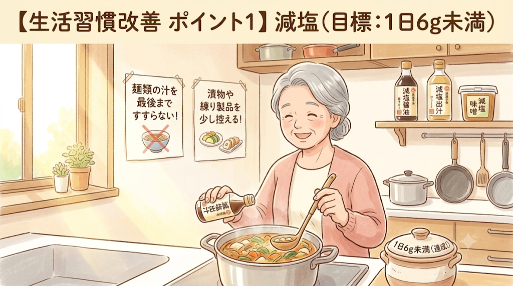 【生活習慣改善 ポイント1】減塩(目標:1日6g未満)。キッチンで減塩醤油や減塩出汁を使って調理するシニア女性のイラスト
