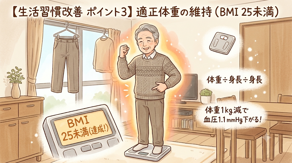 【生活習慣改善 ポイント3】適正体重の維持(BMI 25未満)。体重計に乗り適正体重を達成して喜ぶシニア男性のイラスト
