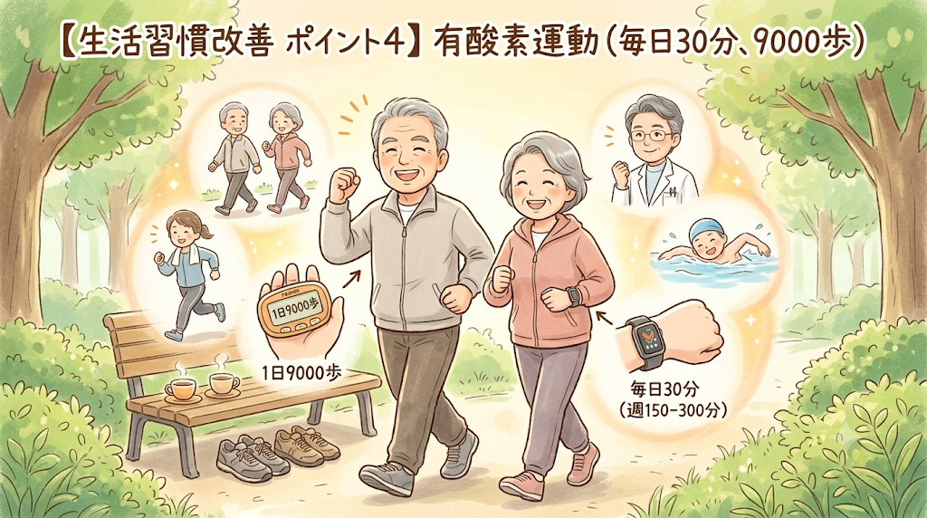 【生活習慣改善 ポイント4】有酸素運動(毎日30分、9000歩)。ウォーキングや水泳など適度な運動を楽しむシニア世代のイラスト