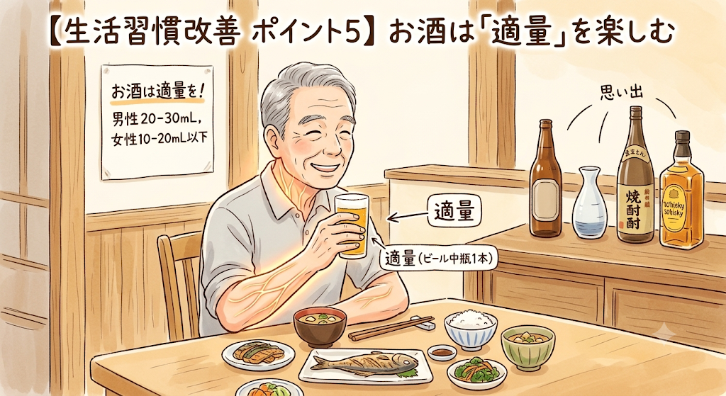 【生活習慣改善 ポイント5】お酒は「適量」を楽しむ。適量(ビール中瓶1本程度)のお酒をたしなむシニア男性のイラスト
