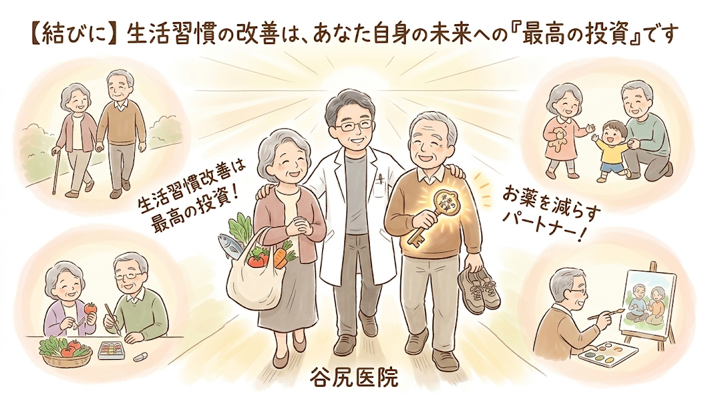 医師と患者が健康的な生活を目指す様子を描いたイラスト。