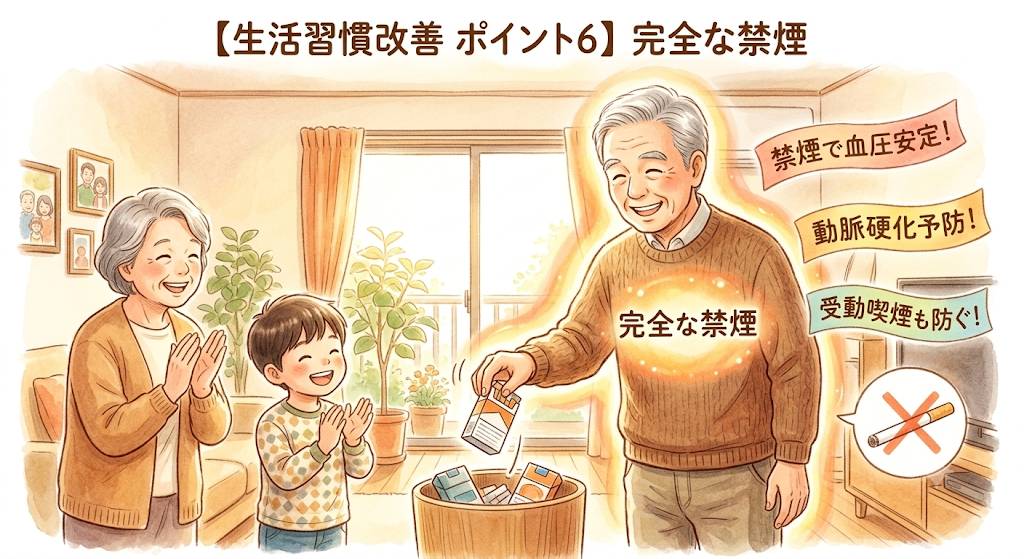 【生活習慣改善 ポイント6】完全な禁煙。タバコを捨てて完全な禁煙を達成し、家族から拍手されるシニア男性のイラスト
