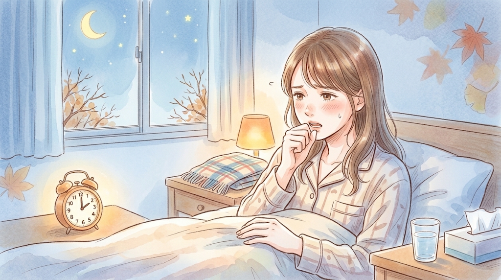 夜間から明け方にかけて咳が出やすくなり眠れない女性のイラスト