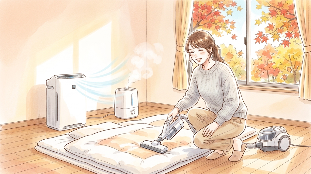 空気清浄機や加湿器を使用し、布団に掃除機をかけて丁寧にダニ対策をする女性のイラスト