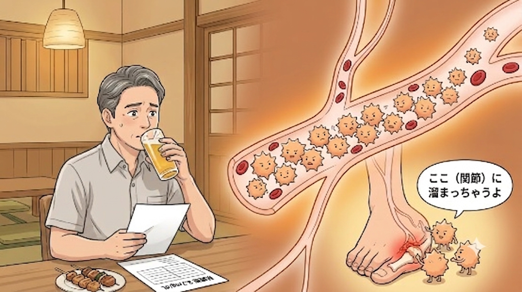 ビールを飲む男性と血管・関節に溜まる尿酸のイラスト