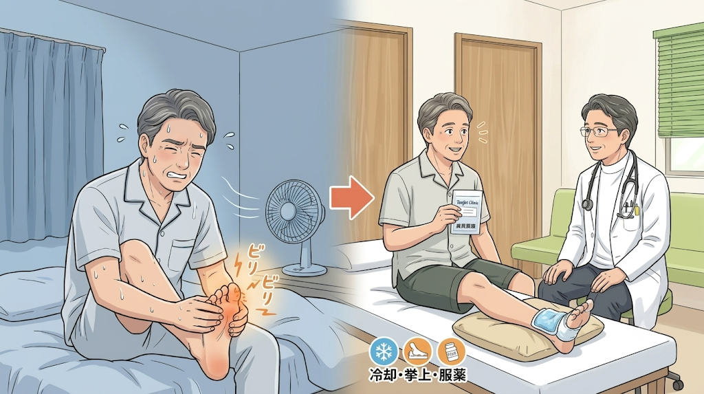 夜間に痛風発作を起こした男性と、病院で診察を受ける男性のイラスト