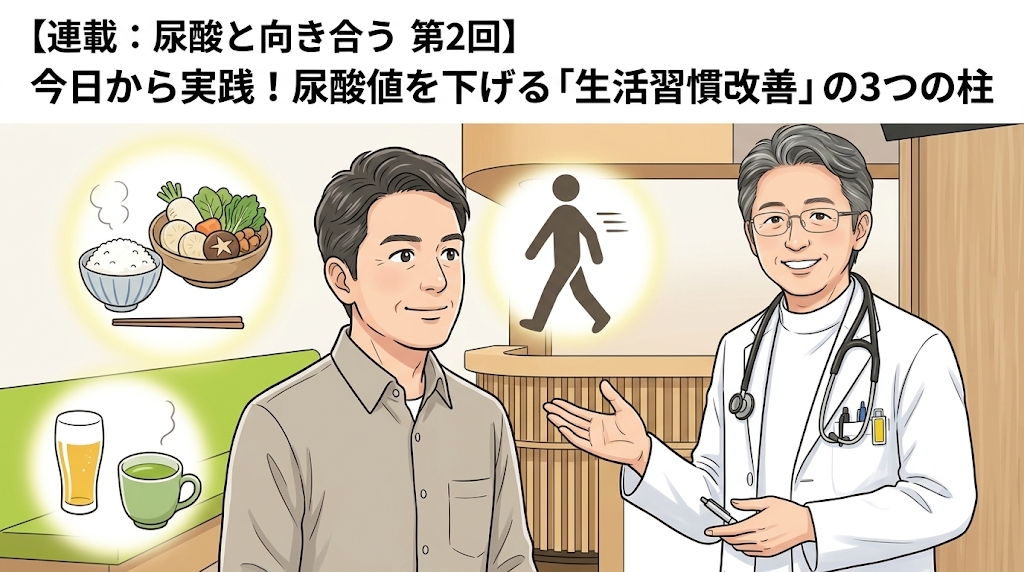 【連載:尿酸と向き合う 第2回】今日から実践!尿酸値を下げる「生活習慣改善」の3つの柱 医師と患者の診察風景