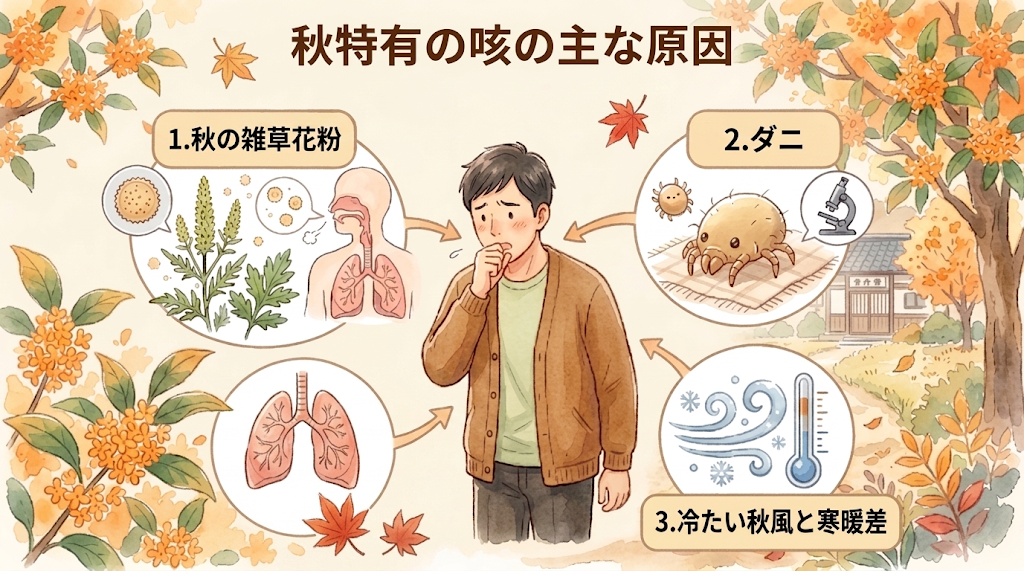 秋特有の咳の主な原因(1.秋の雑草花粉 2.ダニ 3.冷たい秋風と寒暖差)のイラスト