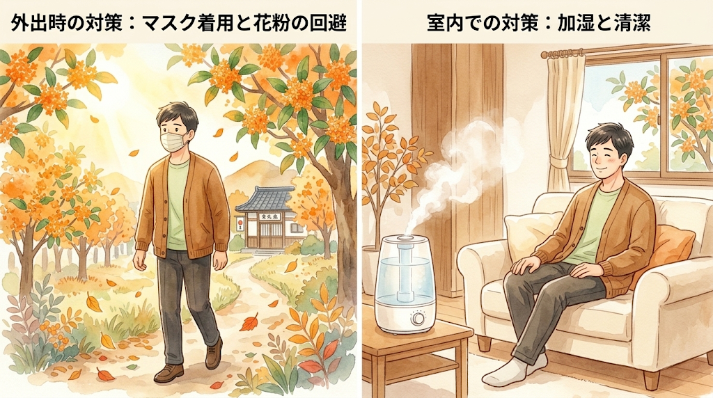 外出時の対策:マスク着用と花粉の回避 / 室内での対策:加湿と清潔のイラスト
