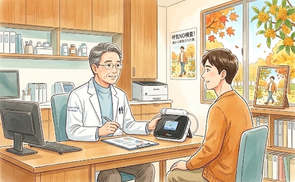 診察室で呼気NO検査機器を用いて患者に説明する医師のイラスト