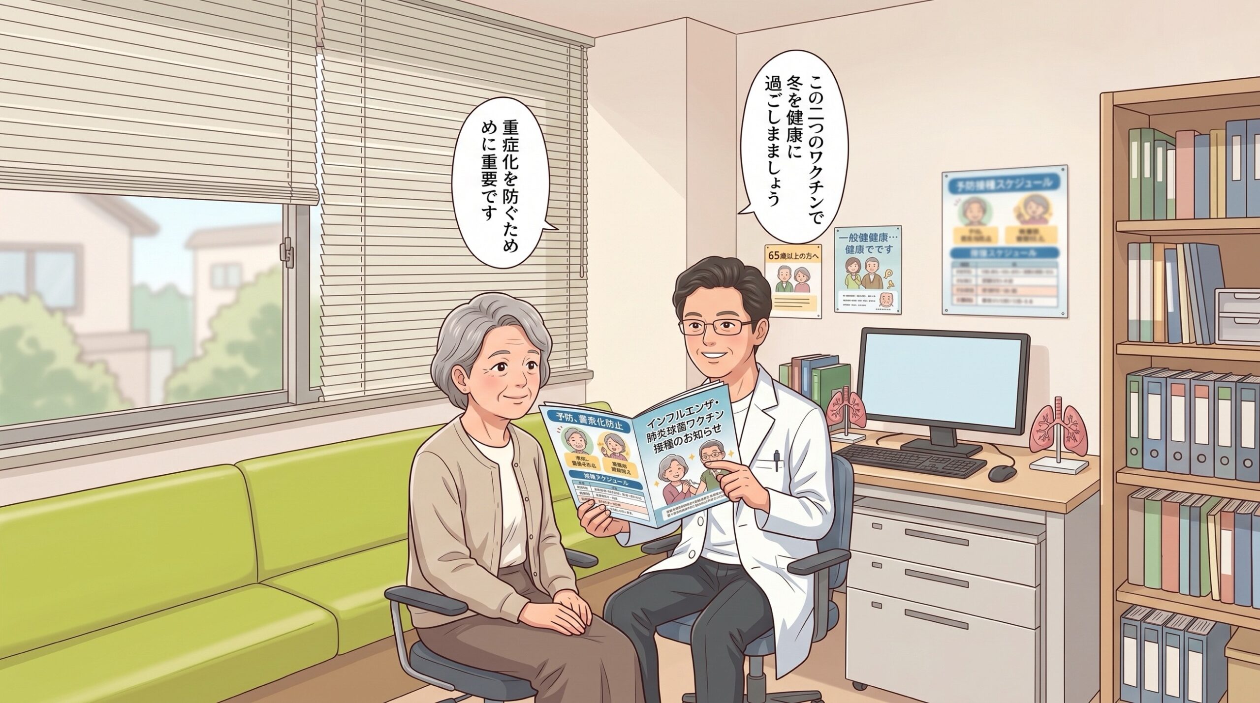 診察室で高齢の女性にインフルエンザ・肺炎球菌ワクチンの説明をする医師のイラスト