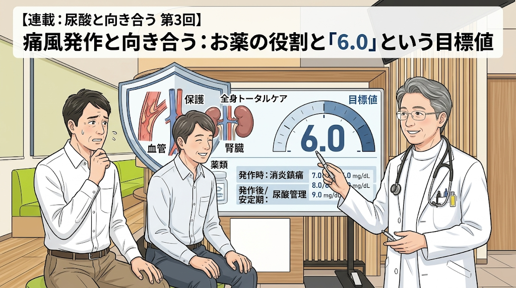 【連載:尿酸と向き合う 第3回】痛風発作と向き合う:お薬の役割と「6.0」という目標値