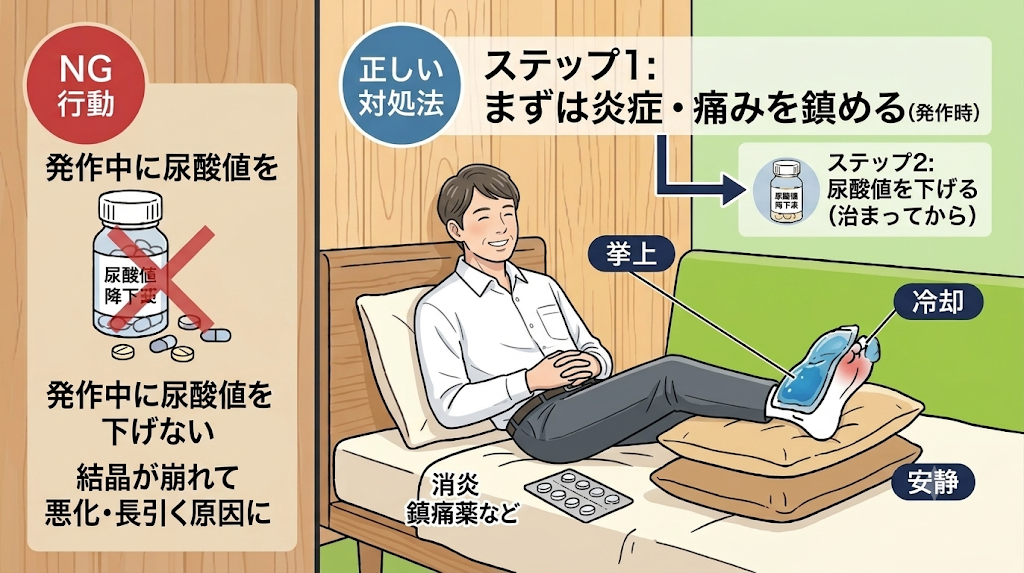 痛風発作時の正しい対処法。発作時はまず炎症・痛みを鎮め、治まってから尿酸値を下げる