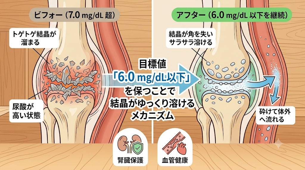 尿酸値6.0 mg/dL以下を保つことで結晶がゆっくり溶けるメカニズム