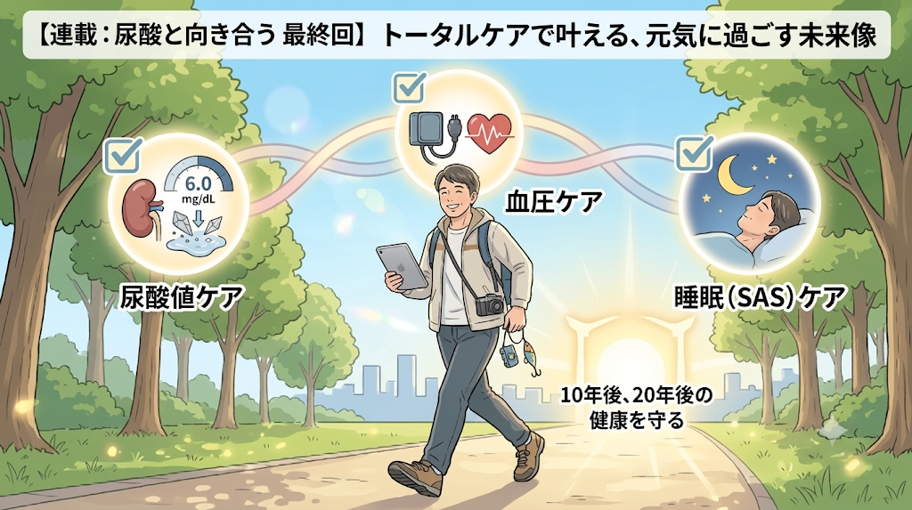 トータルケアで叶える元気に過ごす未来像。尿酸値ケア、血圧ケア、睡眠(SAS)ケア